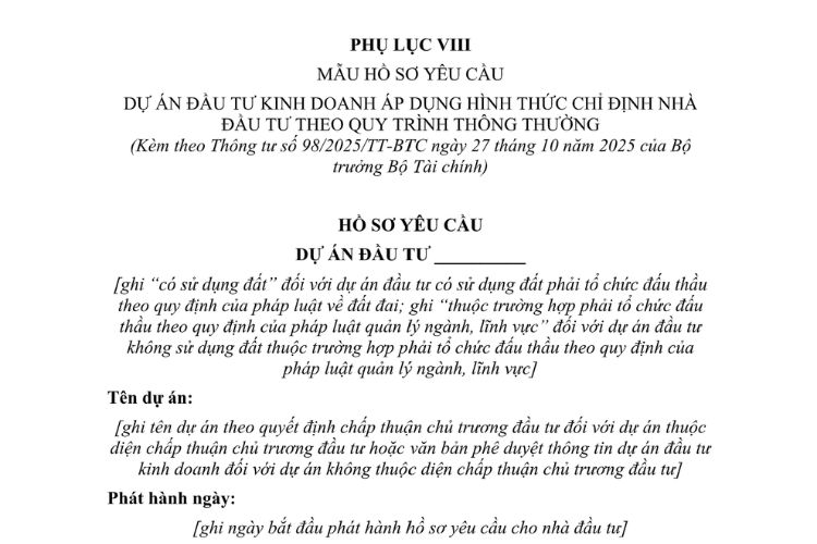 Mẫu Hồ sơ yêu cầu dự án đầu tư kinh doanh áp dụng hình thức chỉ định nhà đầu tư theo quy trình thông thường 2 Mẫu Hồ sơ yêu cầu dự án đầu tư kinh doanh áp dụng hình thức chỉ định nhà đầu tư theo quy trình thông thường