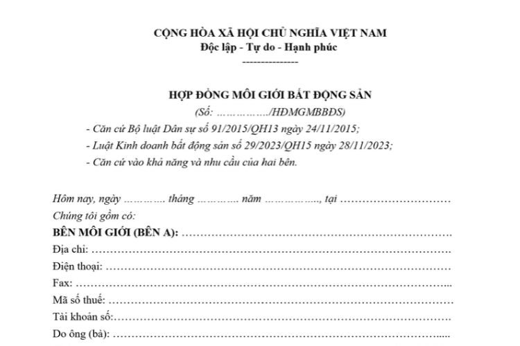 Mẫu Hợp đồng môi giới bất động sản mới nhất