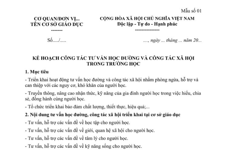Mẫu Kế hoạch công tác tư vấn học đường và công tác xã hội trong trường học