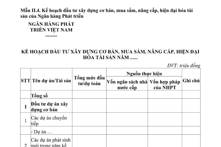 Mẫu Kế hoạch đầu tư xây dựng cơ bản, mua sắm, nâng cấp, hiện đại hóa tài sản của Ngân hàng Phát triển 2 Mẫu Kế hoạch đầu tư xây dựng cơ bản, mua sắm, nâng cấp, hiện đại hóa tài sản của Ngân hàng Phát triển