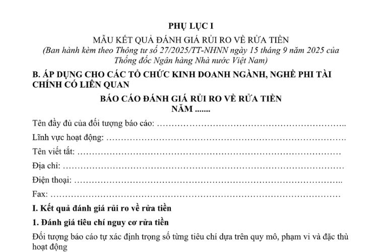 Mẫu Kết quả đánh giá rủi ro về rửa tiền (áp dụng cho các tổ chức kinh doanh ngành, nghề phi tài chính có liên quan) 2 Mẫu Kết quả đánh giá rủi ro về rửa tiền (áp dụng cho các tổ chức kinh doanh ngành, nghề phi tài chính có liên quan)