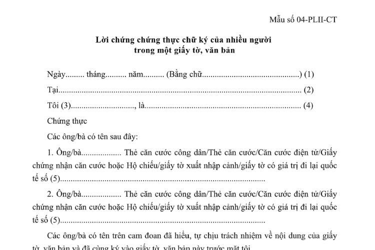 Mẫu Lời chứng chứng thực chữ ký của nhiều người trong một giấy tờ, văn bản