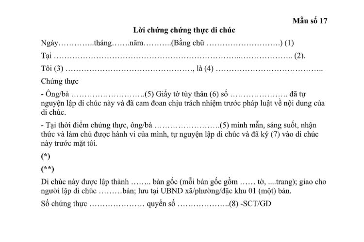 Mẫu Lời chứng chứng thực di chúc
