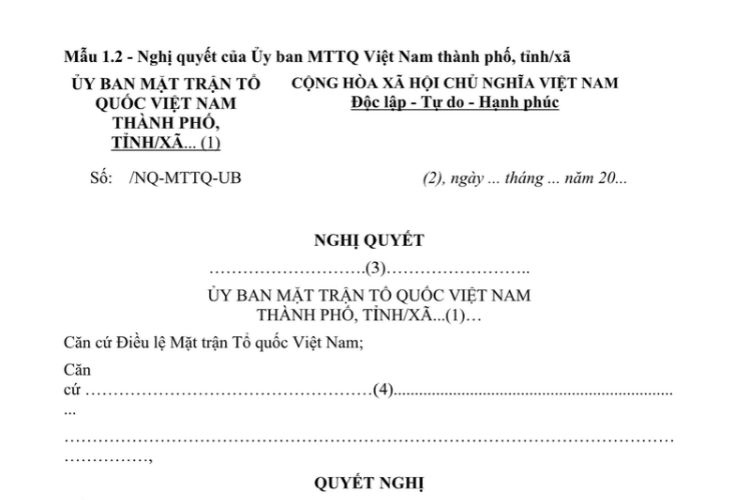 Mẫu Nghị quyết của Ủy ban Mặt trận Tổ quốc Việt Nam thành phố, tỉnh/xã