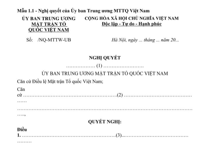 Mẫu Nghị quyết của Ủy ban Trung ương Mặt trận Tổ quốc Việt Nam