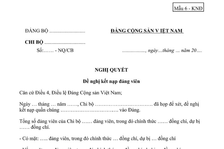Mẫu Nghị quyết đề nghị kết nạp Đảng viên của chi bộ (đối với học sinh, sinh viên)