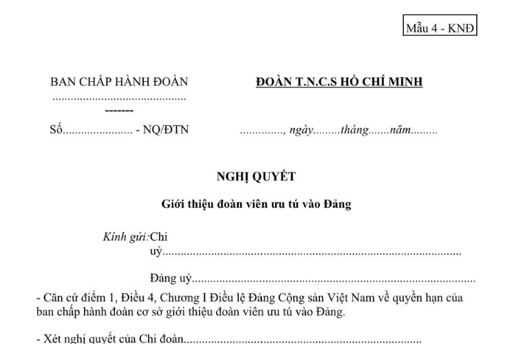 Mẫu Nghị quyết giới thiệu đoàn viên ưu tú vào Đảng (đối với học sinh, sinh viên)