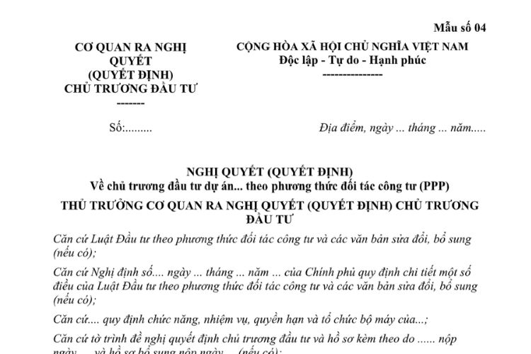 Mẫu Nghị quyết (quyết định) về chủ trương đầu tư dự án theo phương thức đối tác công tư (PPP)