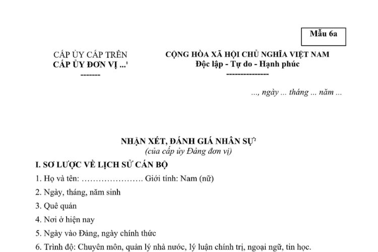 Mẫu Nhận xét, đánh giá nhân sự (của cấp ủy đảng đơn vị) tại các cơ quan, đơn vị, doanh nghiệp thuộc, trực thuộc Bộ Xây dựng 2 Mẫu Nhận xét, đánh giá nhân sự (của cấp ủy đảng đơn vị) tại các cơ quan, đơn vị, doanh nghiệp thuộc, trực thuộc Bộ Xây dựng