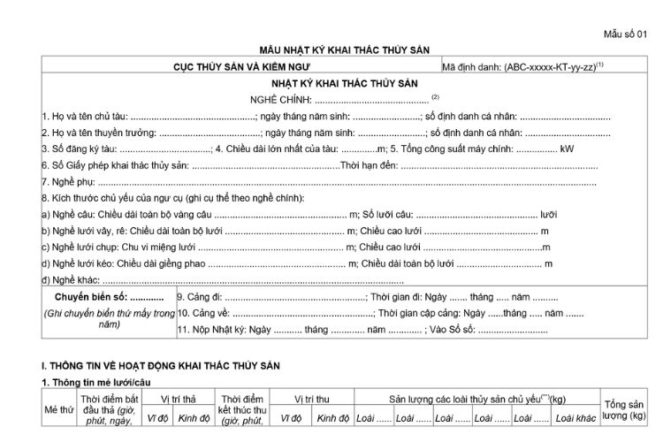 Mẫu Nhật ký khai thác thủy sản