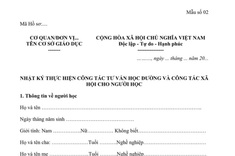Mẫu Nhật ký thực hiện công tác tư vấn học đường và công tác xã hội cho người học