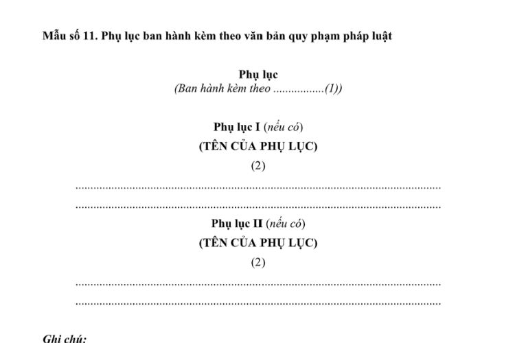 Mẫu Phụ lục ban hành kèm theo văn bản quy phạm pháp luật của Chính phủ, thủ tướng Chính phủ, Bộ trưởng Bộ Nông nghiệp và Môi trường