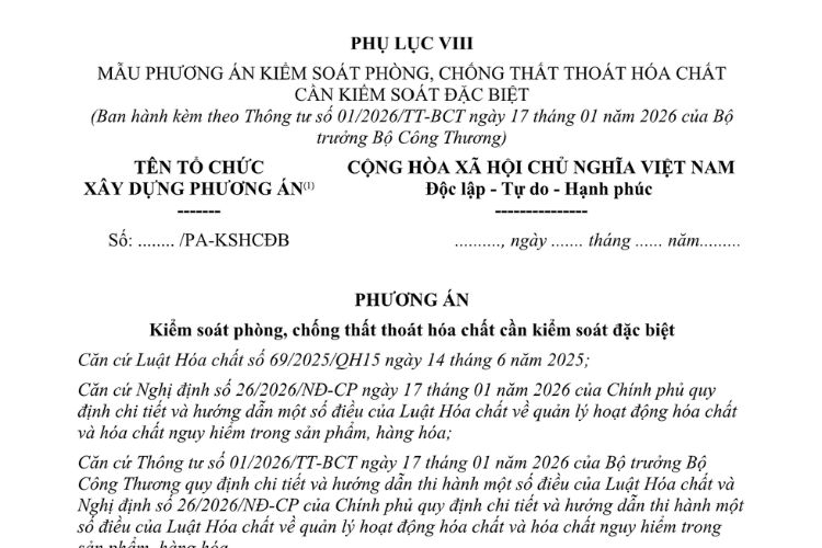 Mẫu Phương án kiểm soát phòng, chống thất thoát hóa chất cần kiểm soát đặc biệt 2 Mẫu Phương án kiểm soát phòng, chống thất thoát hóa chất cần kiểm soát đặc biệt