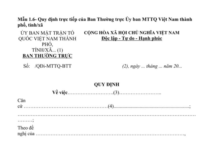 Mẫu Quy định trực tiếp của Ban thường trực Ủy ban Mặt trận Tổ quốc Việt Nam thành phố, tỉnh/xã