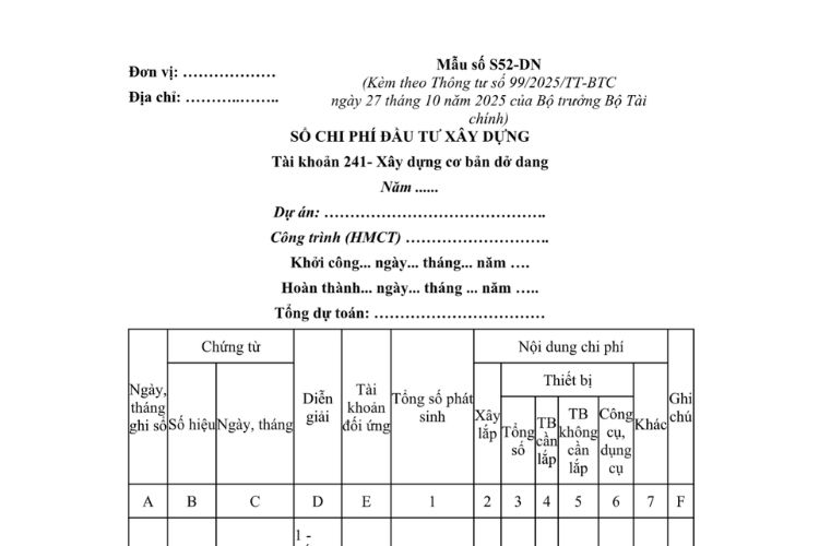 Mẫu Sổ chi phí đầu tư xây dựng (Mẫu S52-DN) theo Thông tư 99 2 Mẫu Sổ chi phí đầu tư xây dựng (Mẫu S52-DN) theo Thông tư 99