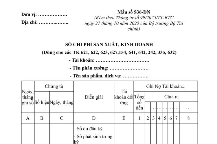 Mẫu Sổ chi phí sản xuất, kinh doanh (Mẫu S36-DN) theo Thông tư 99