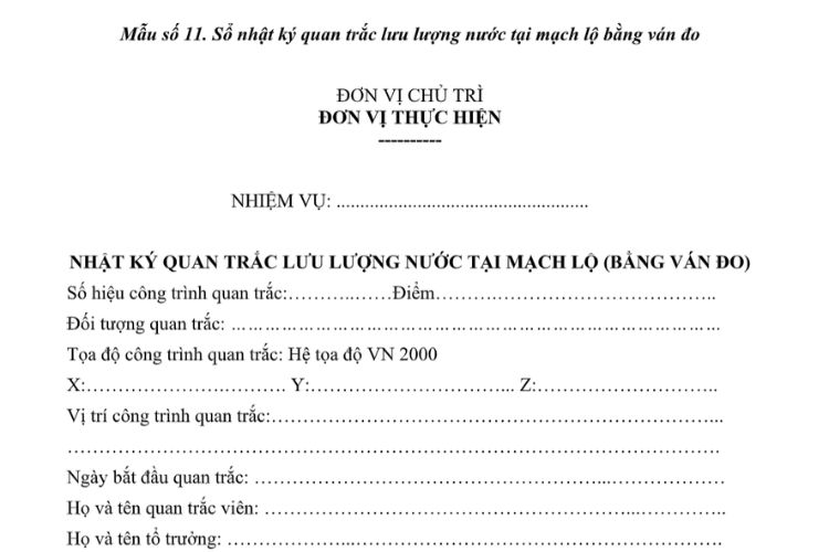 Mẫu Sổ nhật ký quan trắc lưu lượng nước tại mạch lộ bằng ván đo