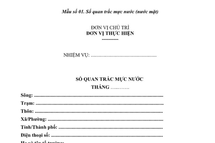 Mẫu Sổ quan trắc mực nước (nước mặt) 2 Mẫu Sổ quan trắc mực nước (nước mặt)