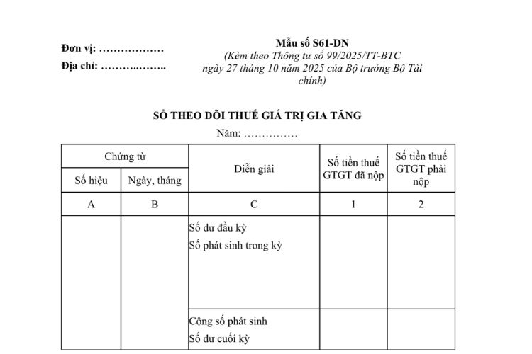 Mẫu Sổ theo dõi thuế GTGT (Mẫu S61-DN) theo Thông tư 99