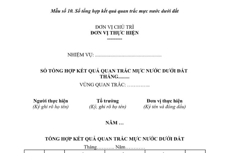 Mẫu Sổ tổng hợp kết quả quan trắc mực nước dưới đất