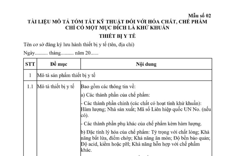 Mẫu Tài liệu mô tả tóm tắt kỹ thuật đối với hóa chất, chế phẩm chỉ có một mục đích là khử khuẩn thiết bị y tế