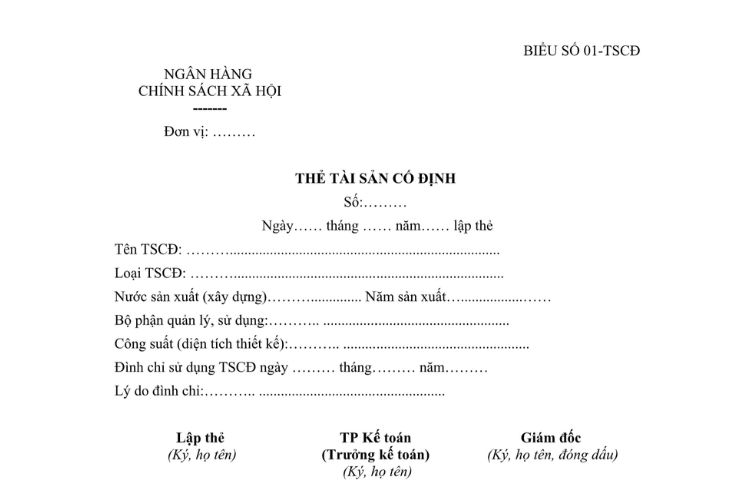 Mẫu Thẻ tài sản cố định của Ngân hàng chính sách xã hội
