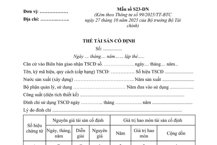 Mẫu Thẻ Tài sản cố định (Mẫu S23-DN) theo Thông tư 99 2 Mẫu Thẻ Tài sản cố định (Mẫu S23-DN) theo Thông tư 99