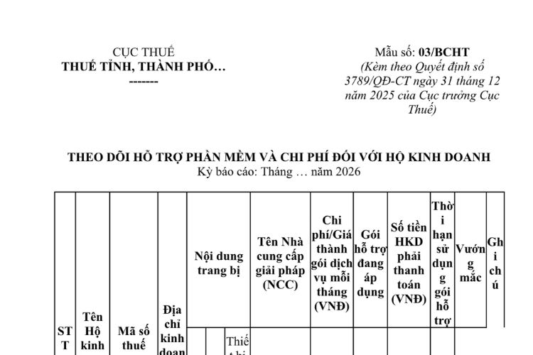 Mẫu Theo dõi hỗ trợ phần mềm và chi phí đối với hộ kinh doanh thuộc diện áp dụng hóa đơn điện tử, theo dõi sổ sách kế toán