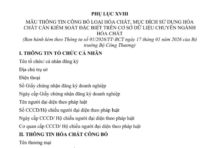 Mẫu Thông tin công bố loại hóa chất, mục đích sử dụng hóa chất cần kiểm soát đặc biệt trên cơ sở dữ liệu chuyên ngành hóa chất 2 Mẫu Thông tin công bố loại hóa chất, mục đích sử dụng hóa chất cần kiểm soát đặc biệt trên cơ sở dữ liệu chuyên ngành hóa chất