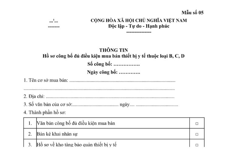 Mẫu Thông tin hồ sơ công bố đủ điều kiện mua bán thiết bị y tế thuộc loại B, C, D