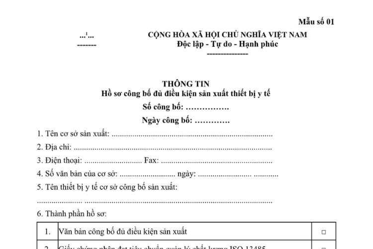Mẫu Thông tin hồ sơ công bố đủ điều kiện sản xuất thiết bị y tế