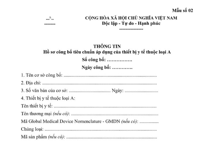 Mẫu Thông tin hồ sơ công bố tiêu chuẩn áp dụng của thiết bị y tế thuộc loại A