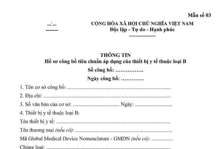 Mẫu Thông tin hồ sơ công bố tiêu chuẩn áp dụng của thiết bị y tế thuộc loại B