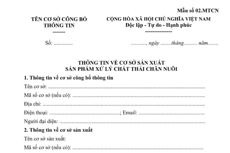 Mẫu Thông tin về cơ sở sản xuất sản phẩm xử lý chất thải chăn nuôi