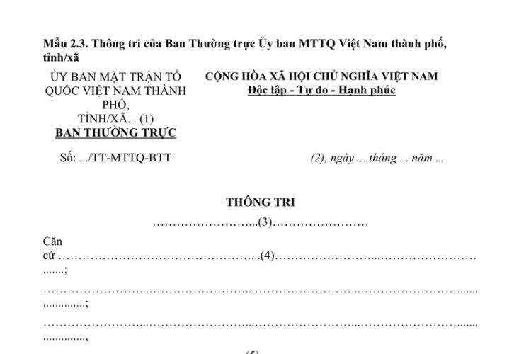 Mẫu Thông tri của Ban thường trực Ủy ban Mặt trận Tổ quốc Việt Nam thành phố, tỉnh/xã 2 Mẫu Thông tri của Ban thường trực Ủy ban Mặt trận Tổ quốc Việt Nam thành phố, tỉnh/xã