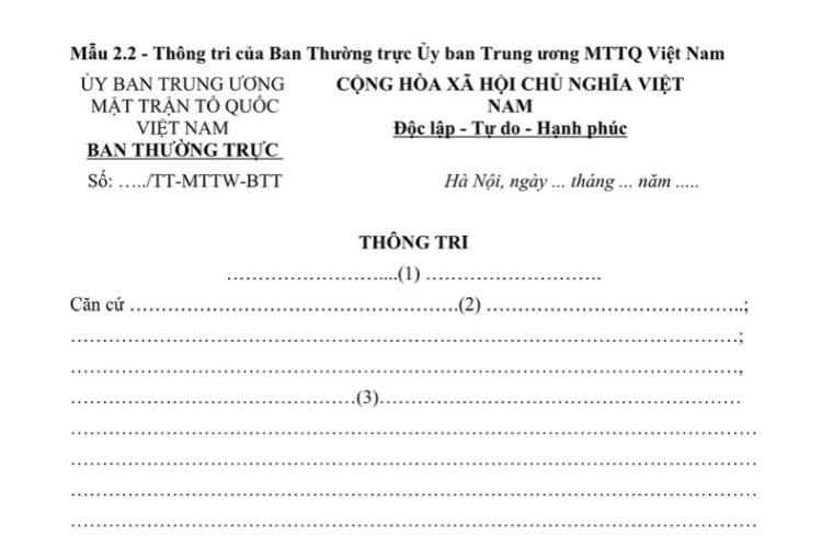 Mẫu Thông tri của ban thường trực Ủy ban trung ương mặt trận Tổ quốc Việt Nam