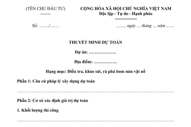 Mẫu Thuyết minh dự toán rà phá bom mìn vật nổ