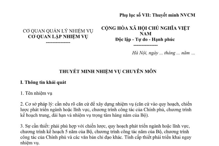 Mẫu Thuyết minh nhiệm vụ chuyên môn của Bộ Nông nghiệp và Môi trường