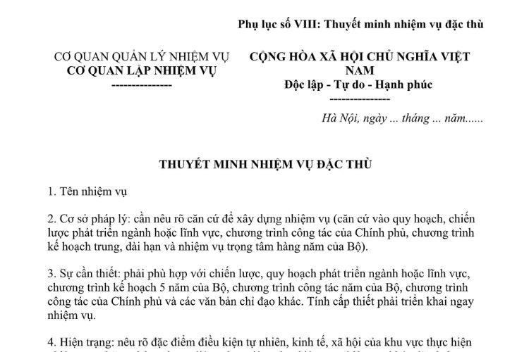 Mẫu Thuyết minh nhiệm vụ đặc thù của Bộ Nông nghiệp và Môi trường