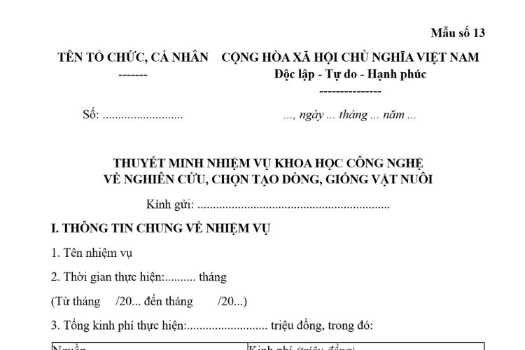 Mẫu Thuyết minh nhiệm vụ khoa học công nghệ về nghiên cứu, chọn tạo dòng, giống vật nuôi