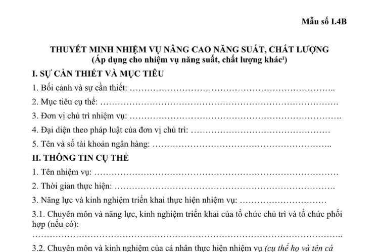 Mẫu Thuyết minh nhiệm vụ nâng cao năng suất, chất lượng (áp dụng cho nhiệm vụ năng suất, chất lượng khác) trong đăng ký thực hiện nhiệm vụ đổi mới sáng tạo