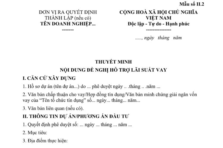 Mẫu Thuyết minh nội dung đề nghị hỗ trợ lãi suất vay để ứng dụng, chuyển giao, đổi mới công nghệ, đổi mới sáng tạo