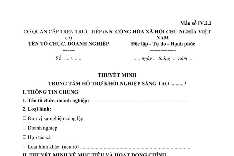 Mẫu Thuyết minh trung tâm hỗ trợ khởi nghiệp sáng tạo các cấp