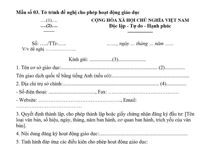 Mẫu Tờ trình đề nghị cho phép hoạt động giáo dục