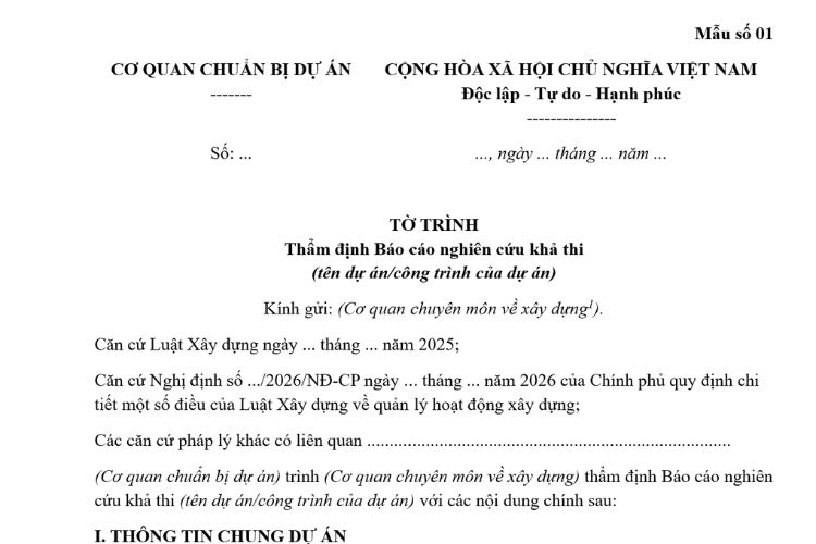 Mẫu Tờ trình thẩm định Báo cáo nghiên cứu khả thi