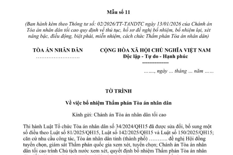 Mẫu Tờ trình về việc bổ nhiệm Thẩm phán Tòa án nhân dân