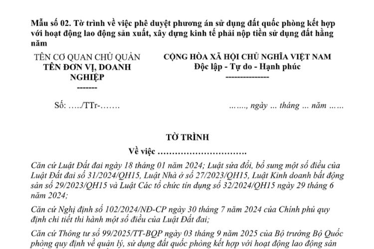 Mẫu Tờ trình về việc phê duyệt phương án sử dụng đất quốc phòng kết hợp với hoạt động lao động sản xuất, xây dựng kinh tế phải nộp tiền sử dụng đất hằng năm