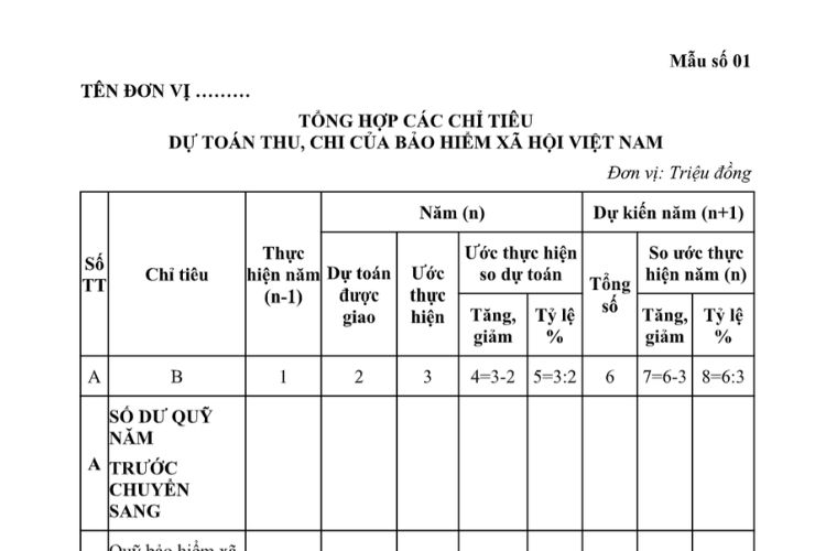Mẫu Tổng hợp các chỉ tiêu dự toán thu, chi của Bảo hiểm xã hội Việt Nam