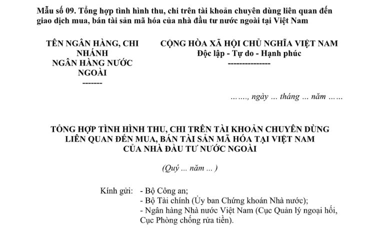 Mẫu Tổng hợp tình hình thu, chi trên tài khoản chuyên dùng liên quan đến mua, bán tài sản mã hóa tại Việt Nam của nhà đầu tư nước ngoài 2 Mẫu Tổng hợp tình hình thu, chi trên tài khoản chuyên dùng liên quan đến mua, bán tài sản mã hóa tại Việt Nam của nhà đầu tư nước ngoài