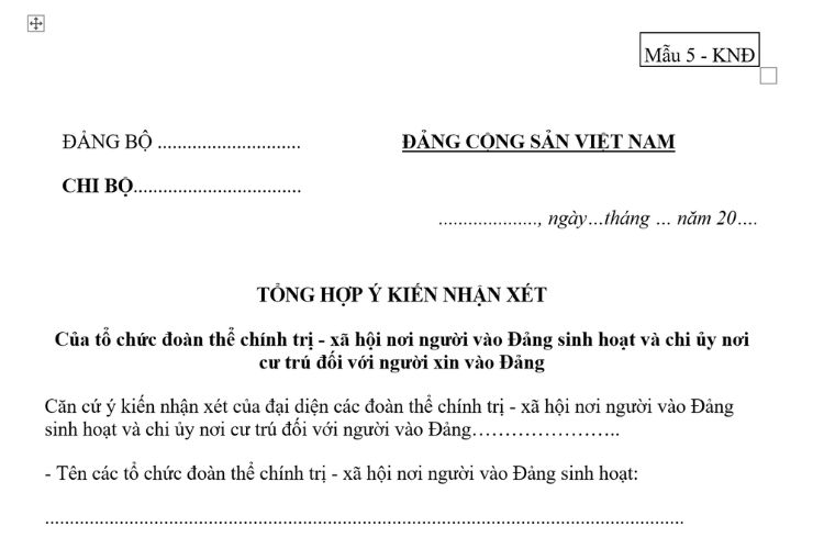 Mẫu Tổng hợp ý kiến nhận xét của tổ chức đoàn thể chính trị - xã hội nơi người vào Đảng sinh hoạt và chi ủy nơi cư trú đối với người xin vào đảng là học sinh, sinh viên